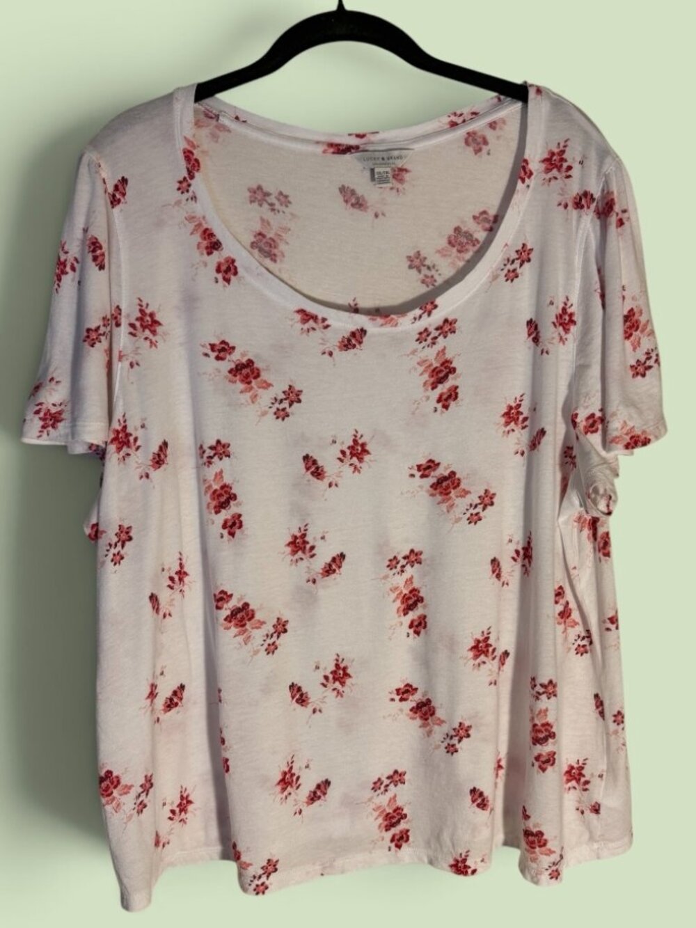 Lucky Brand Women's Flutter Sleeve Cream w/Red Floral Print Tee Sz XXL